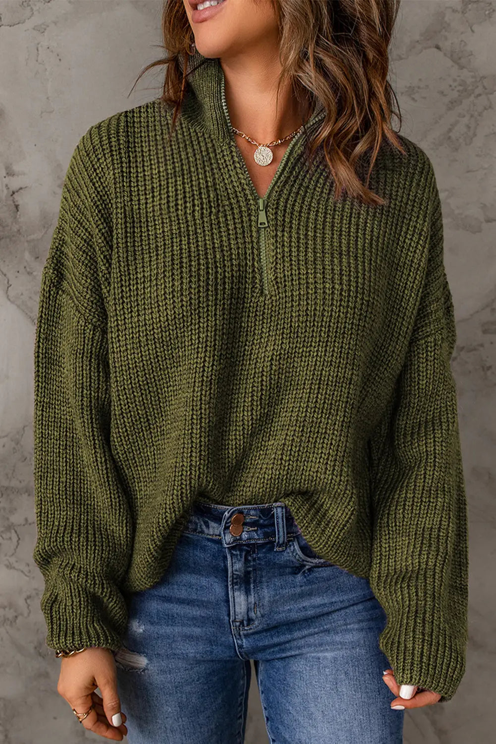 Red zipped turtleneck drop shoulder knit sweater - green / s / 100% polyester - sweaters & cardigans
