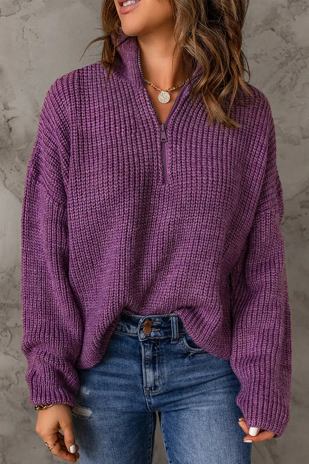Red zipped turtleneck drop shoulder knit sweater - purple / s / 100% polyester - sweaters & cardigans
