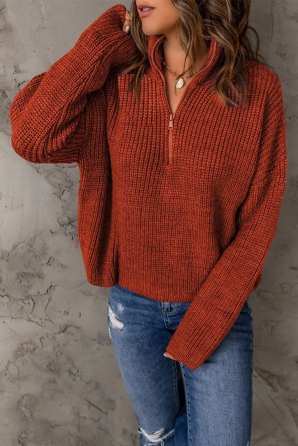 Red zipped turtleneck drop shoulder knit sweater - sweaters & cardigans