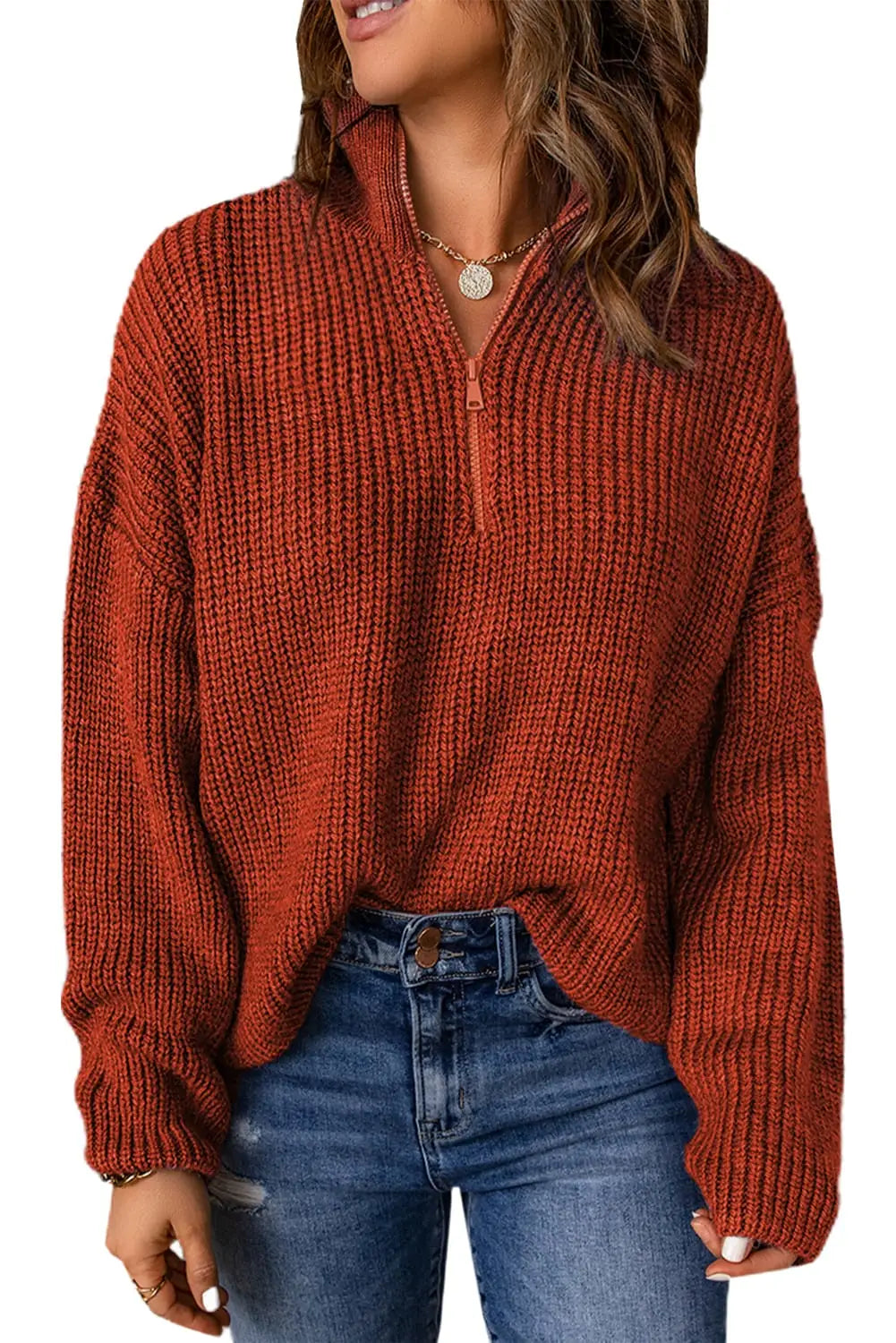 Red zipped turtleneck drop shoulder knit sweater - sweaters & cardigans