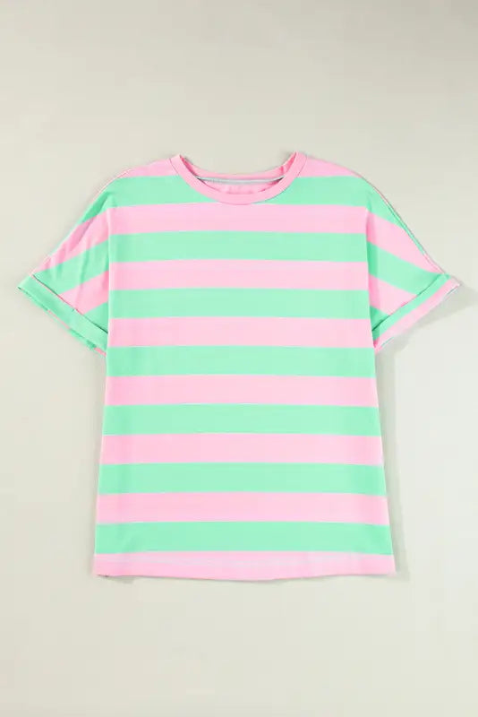 Relaxed elegance tee with pink and mint green striped design for ultimate relax relax