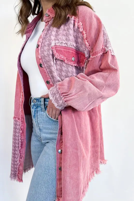 Retro distressed houndstooth denim jacket - pink / s / 100% cotton - jackets