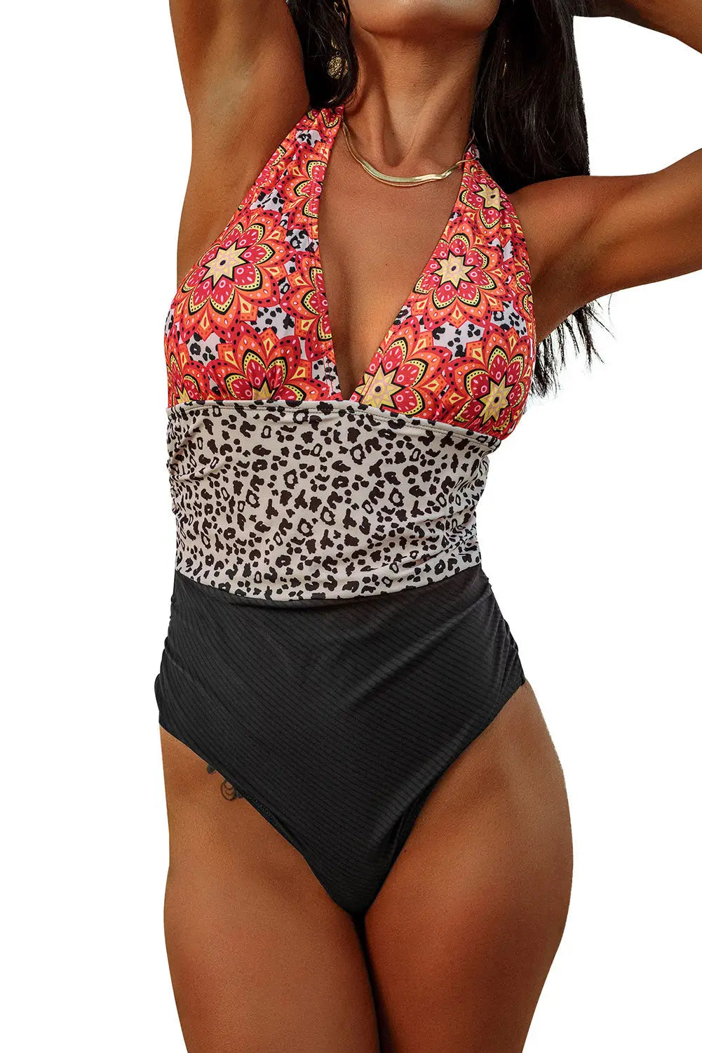 Retro floral leopard stripes deep v neck one-piece swimwear - one piece swimsuits