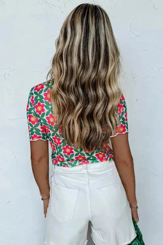 Retro Floral Print Crew Neck T Shirt - Fashionfitz