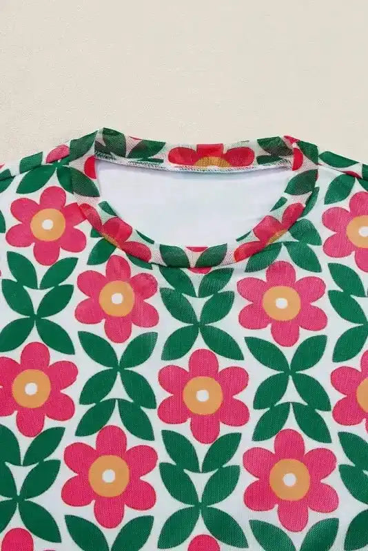Retro Floral Print Crew Neck T Shirt - Fashionfitz