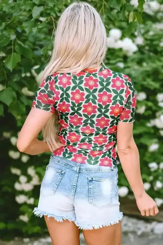 Back view of Retro Floral Print Slim-Fit Short Sleeve Top showing slim-fit sheath silhouette and retro floral print — Fashionfitz