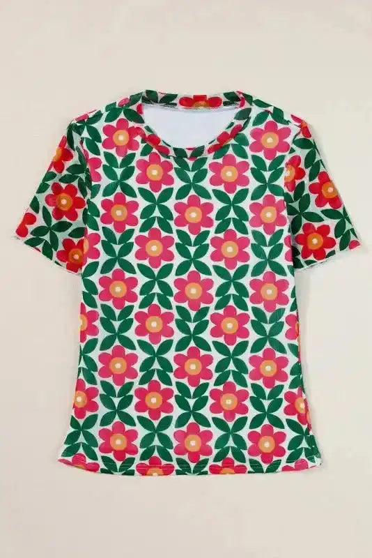 Retro Floral Print Crew Neck T Shirt - Fashionfitz