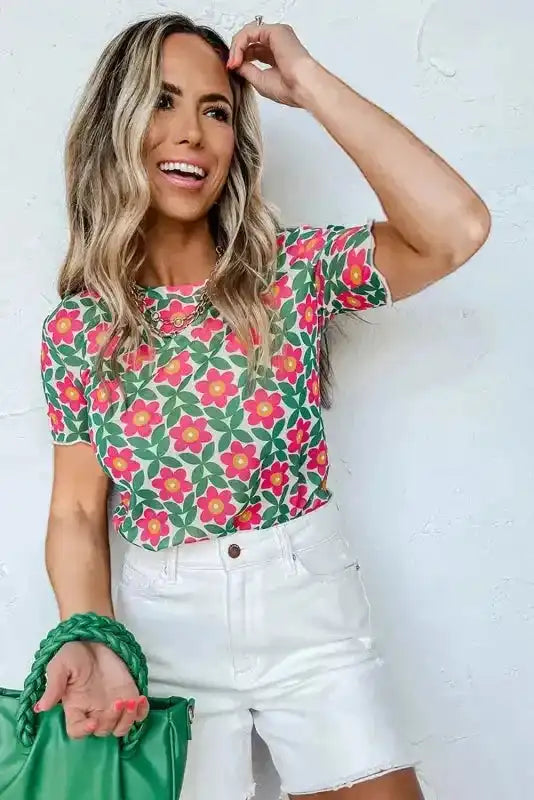 Side view of Retro Floral Print Slim-Fit Top showing crew neckline and close-fitting silhouette — Fashionfitz