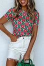 Retro Floral Print Slim-Fit Short Sleeve Top Women UK in fiery red — front view showing retro floral and slim-fit silhouette — Fashionfitz