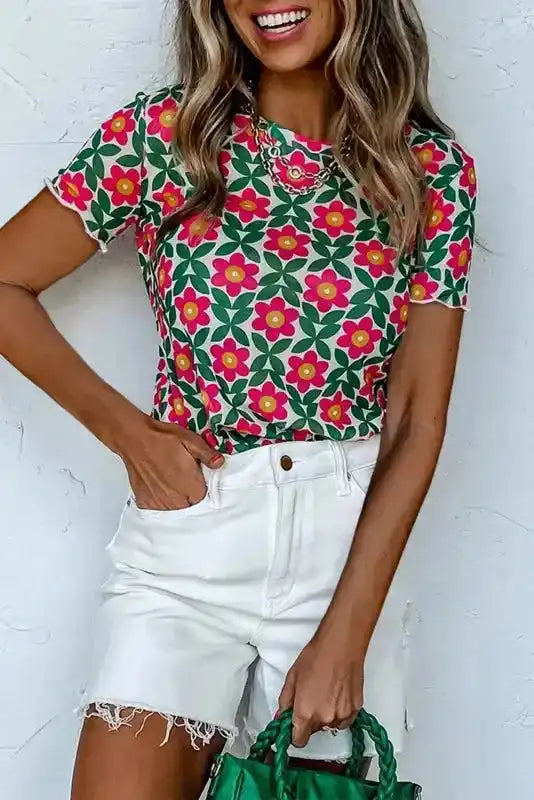 Retro Floral Print Slim-Fit Short Sleeve Top Women UK in fiery red — front view showing retro floral and slim-fit silhouette — Fashionfitz