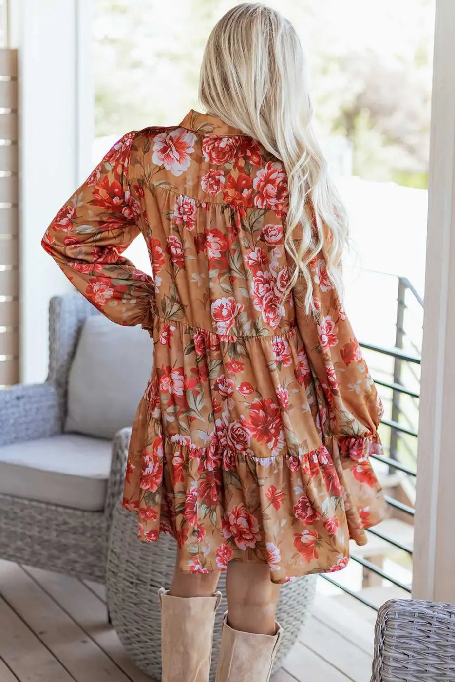 Retro floral ruffle mini dress – brown long‑sleeve partywear