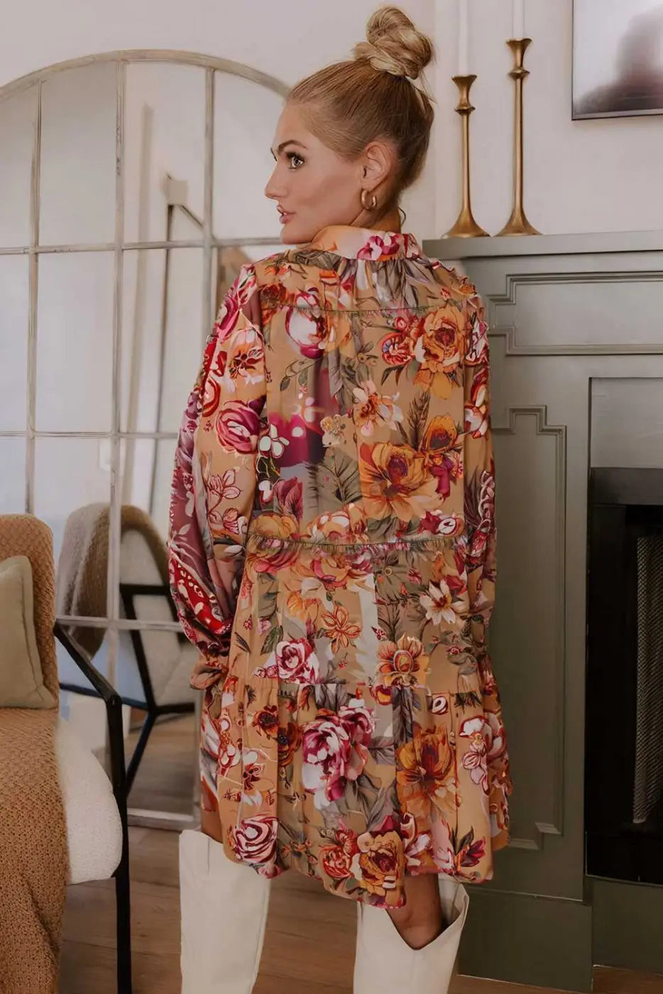 Back view of Retro Floral Ruffle Mini Dress showcasing tiered ruffles and vibrant autumn floral pattern, ideal for seasonal outings.