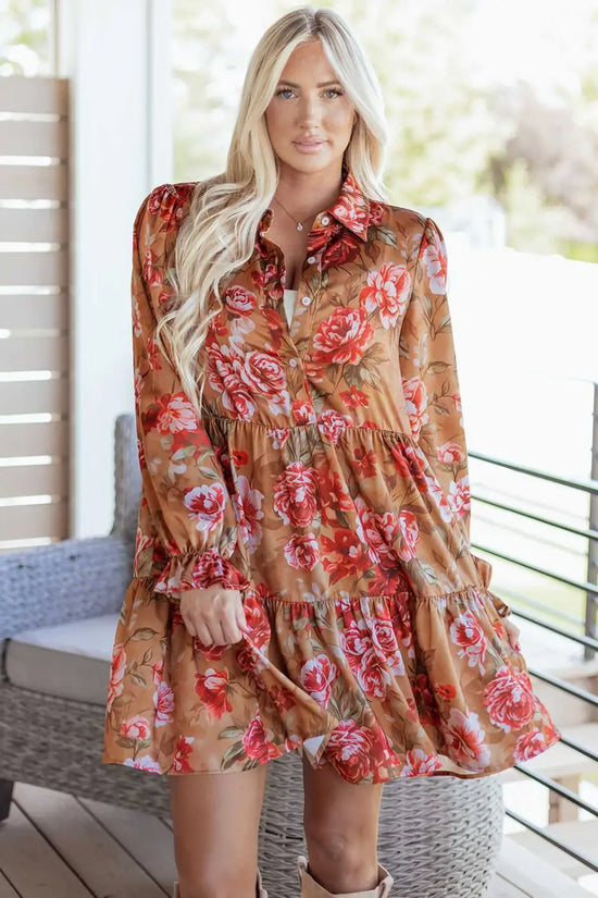 Retro floral ruffle mini dress – brown long‑sleeve partywear