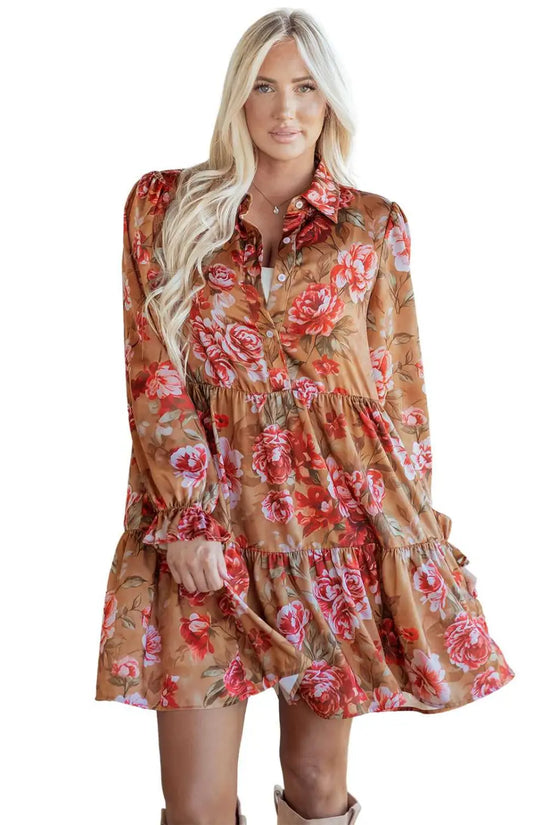 Retro floral ruffle mini dress – brown long‑sleeve partywear