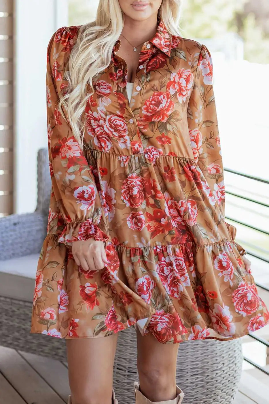 Retro floral ruffle mini dress – brown long‑sleeve partywear