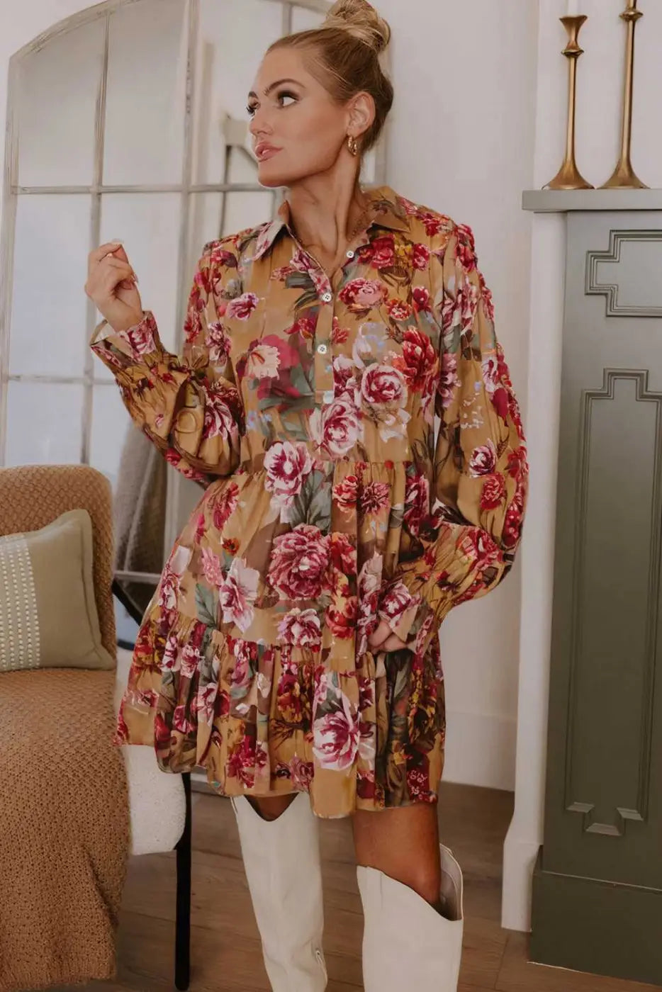 Brown Retro Floral Ruffle Mini Dress with A-line silhouette and button-up front, styled for autumn parties or casual wear.