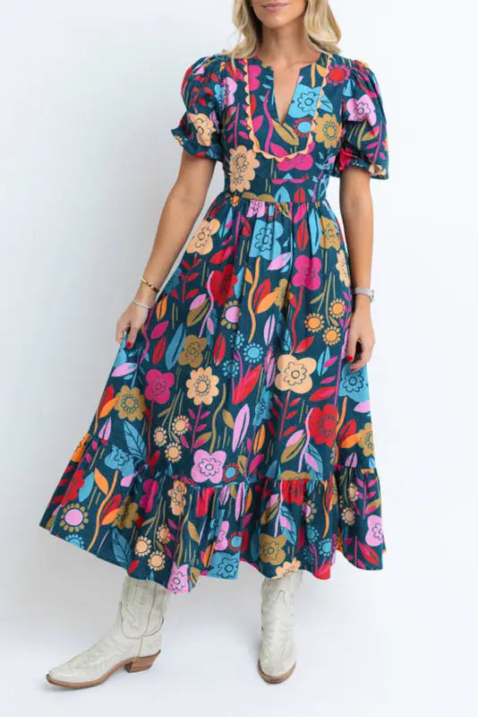 Retro floral split-neck maxi dress | cotton dresses | fashionfitz