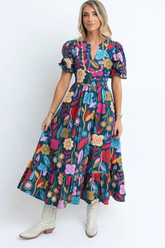 Retro floral split-neck maxi dress | cotton dresses | fashionfitz