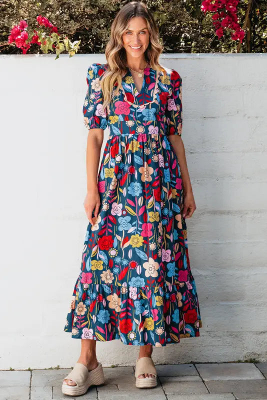 Retro floral split-neck maxi dress | cotton dresses | fashionfitz