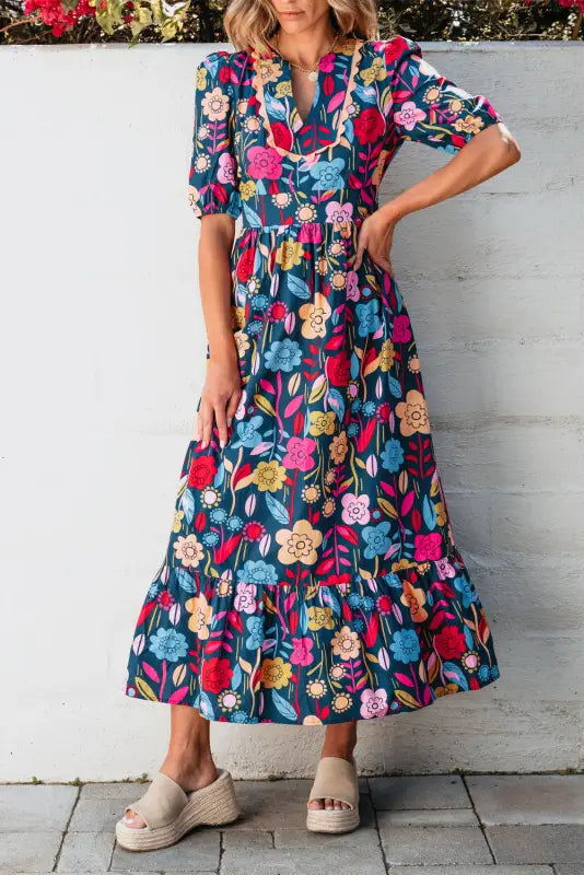 Retro floral split-neck maxi dress | cotton dresses | fashionfitz