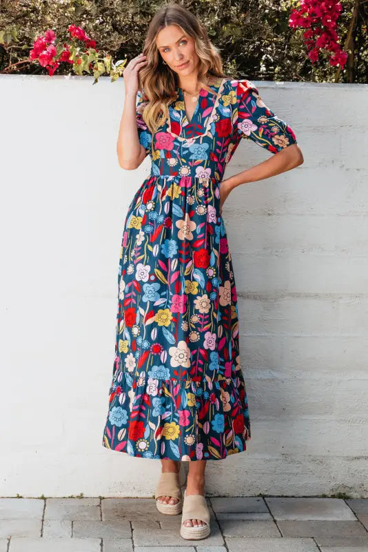 Retro floral split-neck maxi dress | cotton dresses | fashionfitz