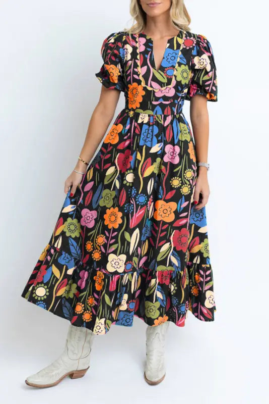 Retro maxi dress - black floral printed split neck - dresses