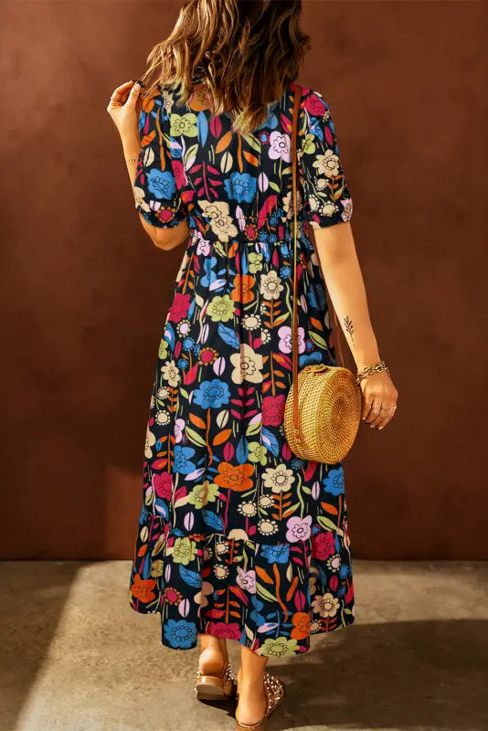 Retro maxi dress - black floral printed split neck - dresses