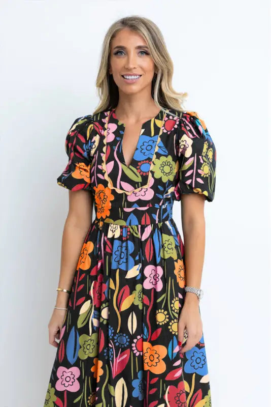 Retro maxi dress - black floral printed split neck - dresses