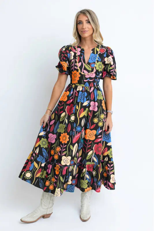 Retro maxi dress - black floral printed split neck - dresses