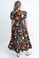 Retro maxi dress - black floral printed split neck - dresses