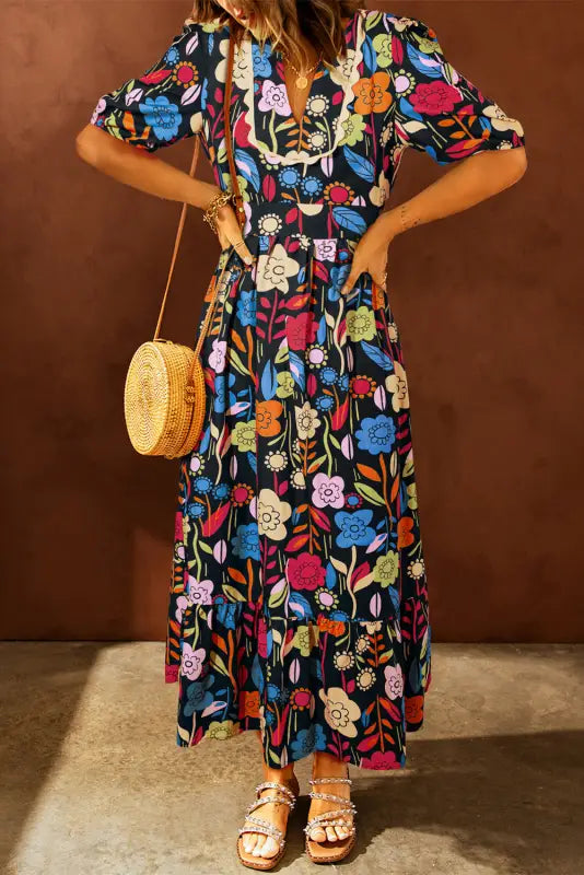 Retro maxi dress - black floral printed split neck - s / 100% cotton - dresses