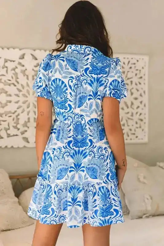 Retro Mini Dress - Sky Blue Floral Drawstring Waist Ruffled - Fashionfitz