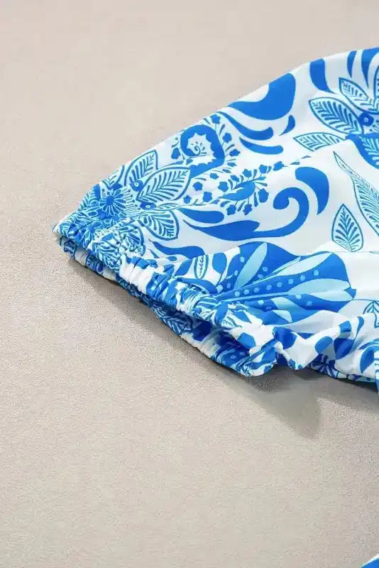 Retro Mini Dress - Sky Blue Floral Drawstring Waist Ruffled - Fashionfitz