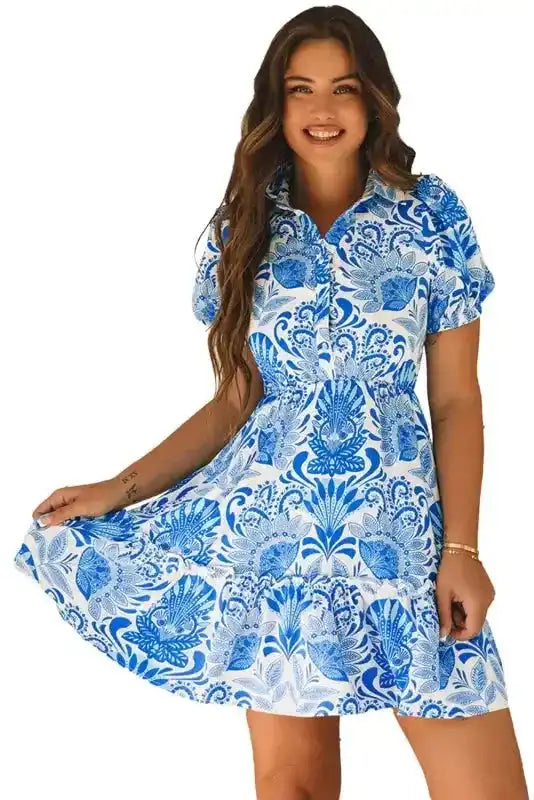 Retro Mini Dress - Sky Blue Floral Drawstring Waist Ruffled - Fashionfitz