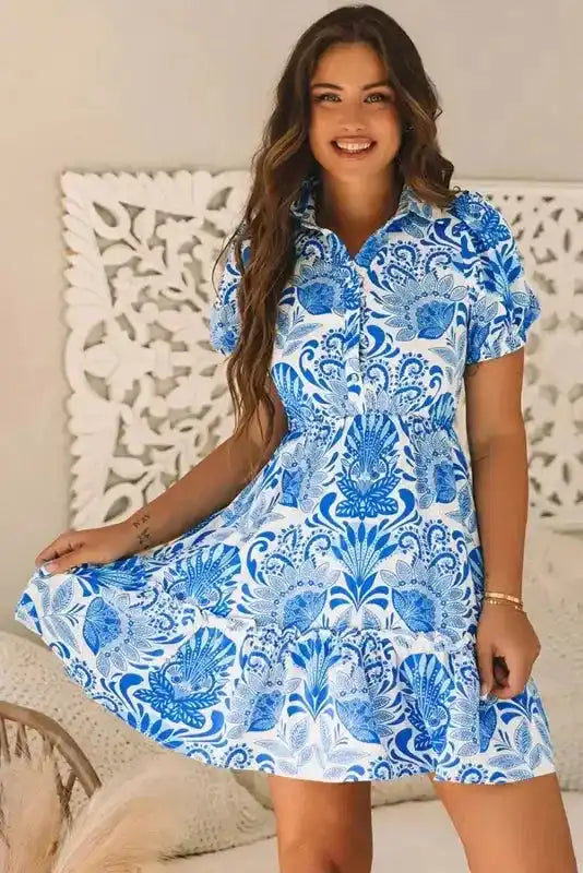Retro Mini Dress - Sky Blue Floral Drawstring Waist Ruffled - Fashionfitz