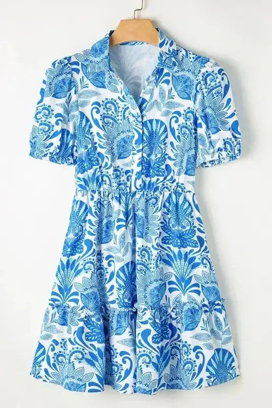 Retro Mini Dress - Sky Blue Floral Drawstring Waist Ruffled - Fashionfitz