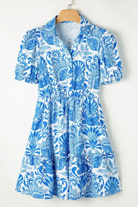 Retro mini dress - sky blue floral drawstring waist ruffled