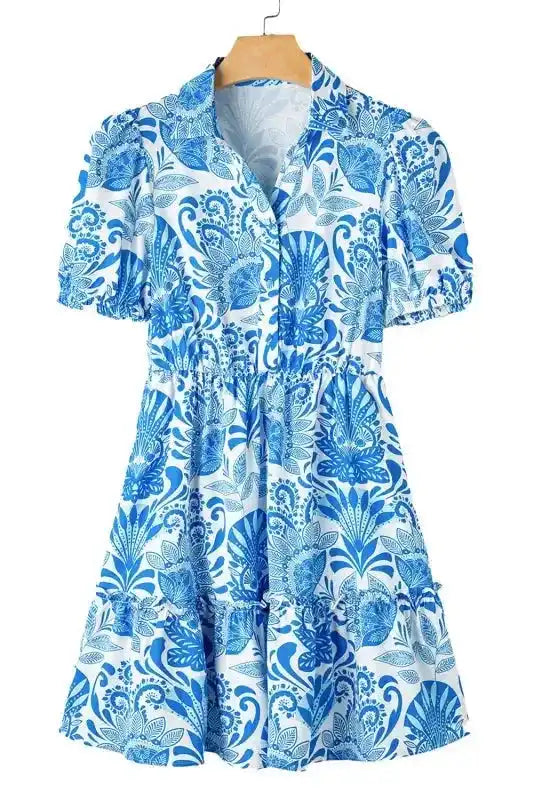 Retro Mini Dress - Sky Blue Floral Drawstring Waist Ruffled - Fashionfitz