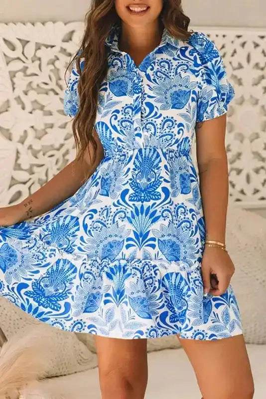 Retro Mini Dress - Sky Blue Floral Drawstring Waist Ruffled - Fashionfitz