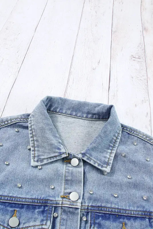 Mist blue rhinestones studded denim jacket - jackets