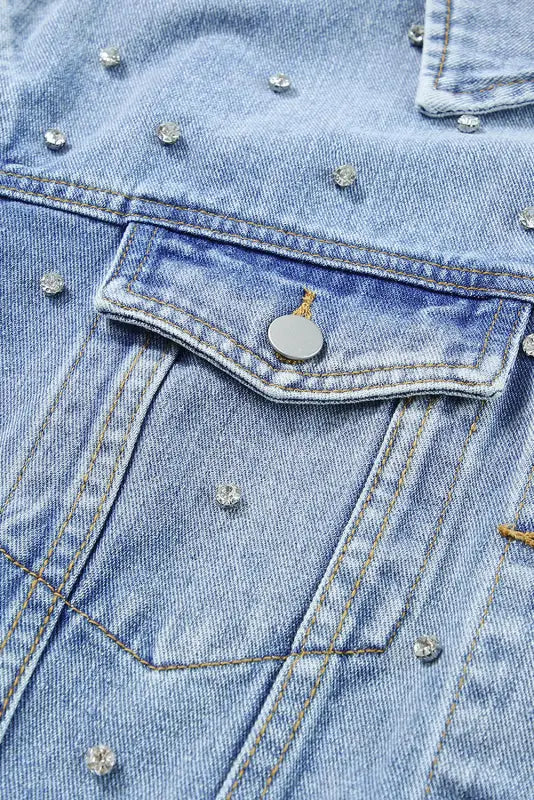 Mist blue rhinestones studded denim jacket - jackets