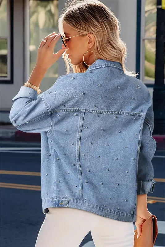 Mist blue rhinestones studded denim jacket - jackets