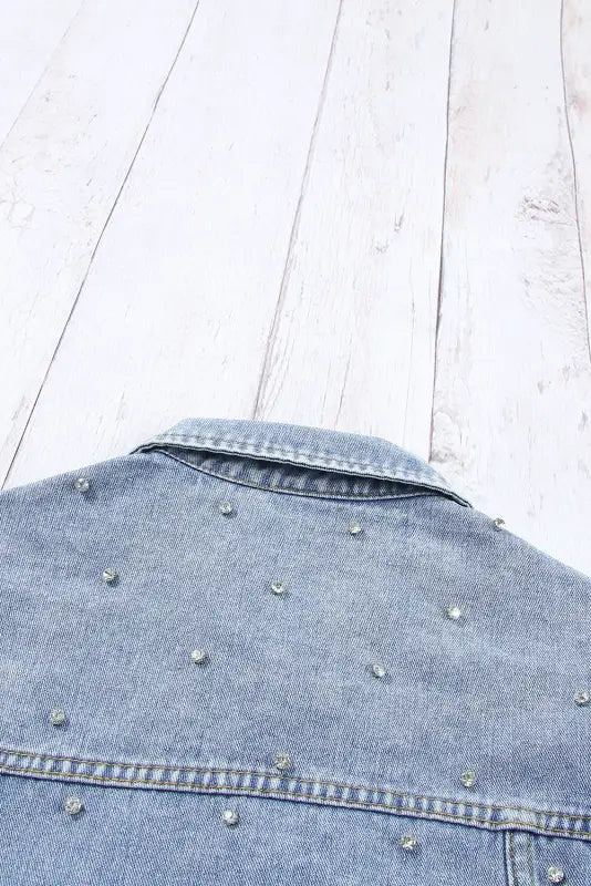 Mist blue rhinestones studded denim jacket - jackets