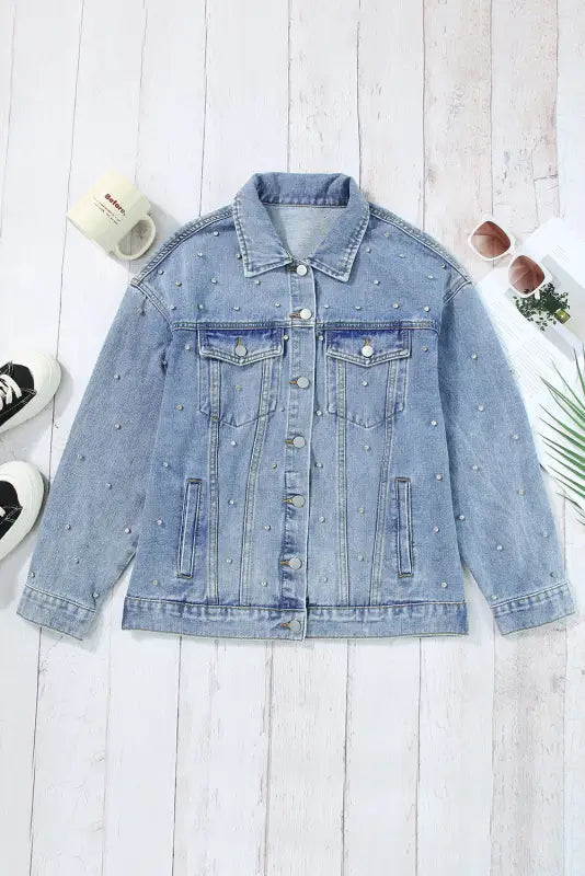 Mist blue rhinestones studded denim jacket - jackets