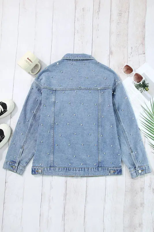 Mist blue rhinestones studded denim jacket - jackets