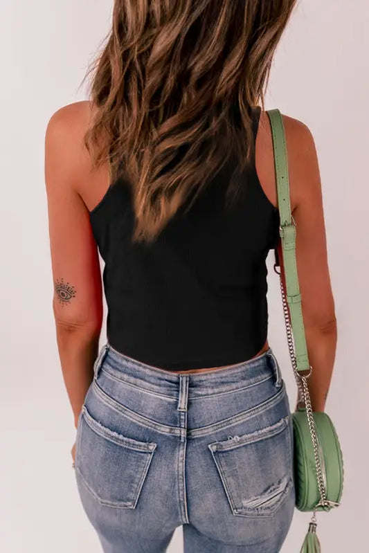 Black rib knit crew neck sleeveless crop top - tops