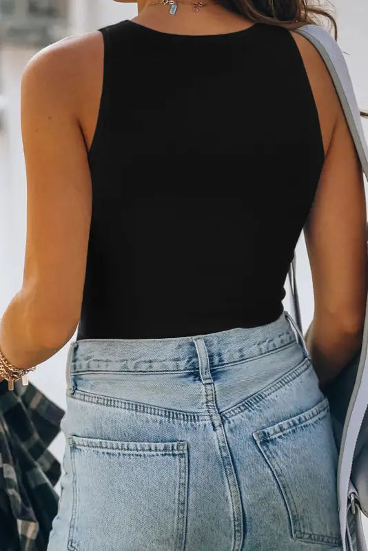 Black rib knit crew neck sleeveless crop top - tops