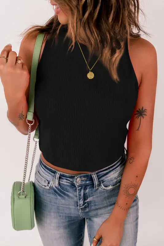 Black rib knit crew neck sleeveless crop top - tops