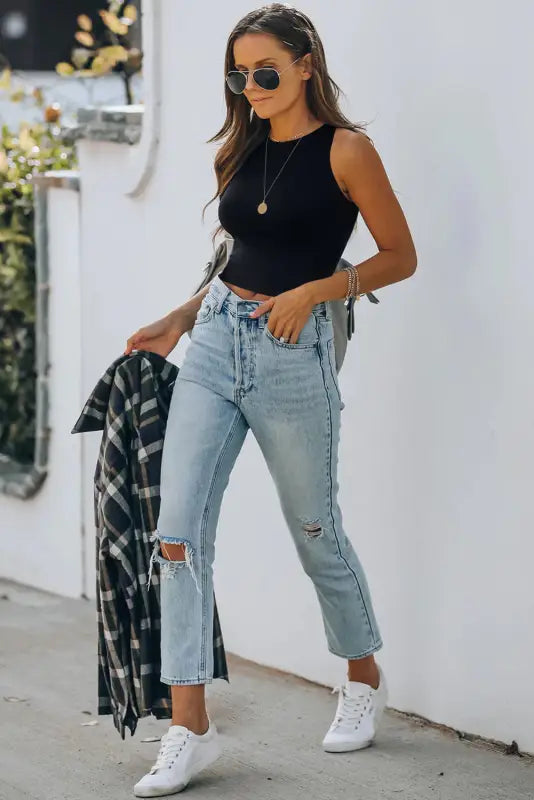 Black rib knit crew neck sleeveless crop top - tops