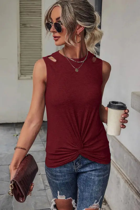 Black rib knit cut-out front twist tank top - tops